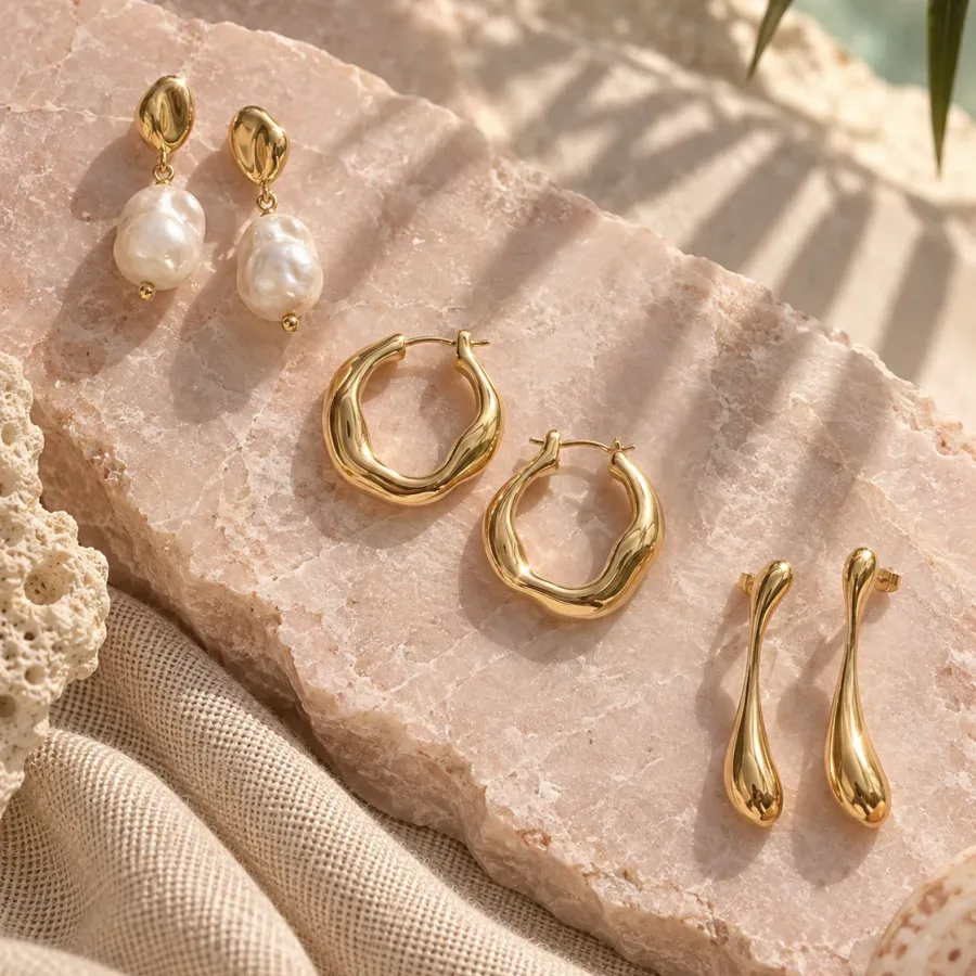 Three pairs of gold-tone earrings with pearl, hoop and drop forms