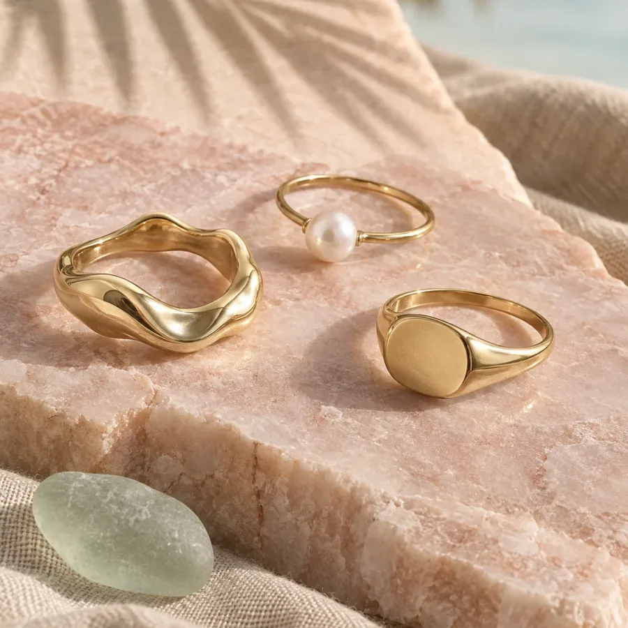 Three contemporary gold-tone rings with organic, pearl and signet forms