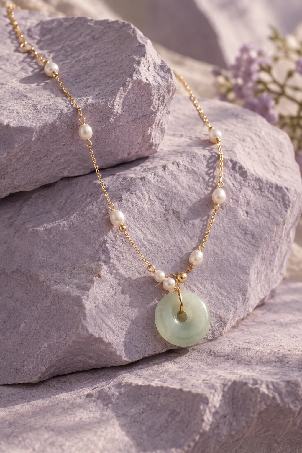 Editorial jewelry composition with a pale green pendant and pearl-like details